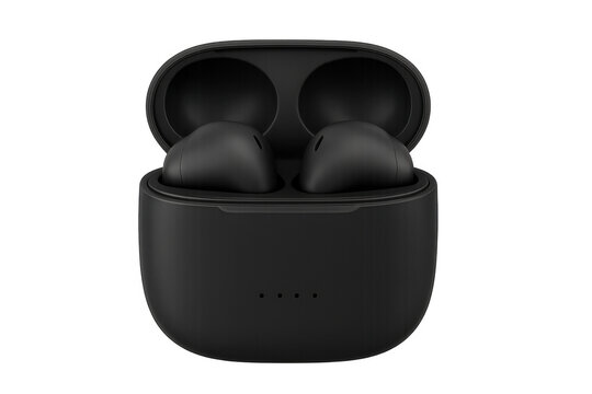 Black wireless earbuds in their charging case