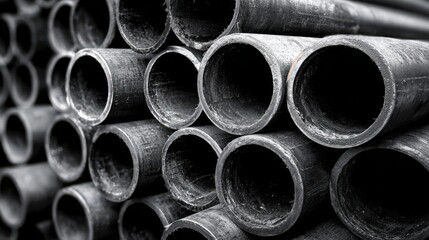 Close-up of Stacked Black Industrial Pipes in a Storage Facility