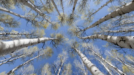 A majestic aspen forest in early spring, bottom-up view through towering white trunks towards a crisp blue sky
