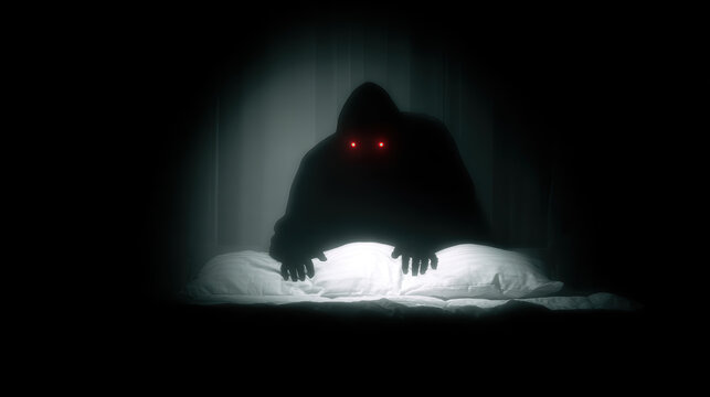 Frightful monster in the bedroom - nightmare, sleep paralysis concept