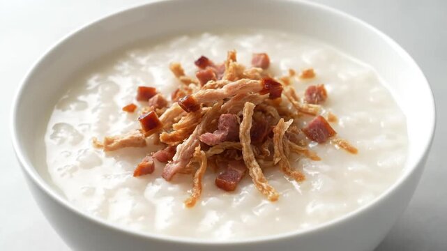 A close-up shot of a white bowl filled with creamy rice porridge and topped with crispy fried garnish