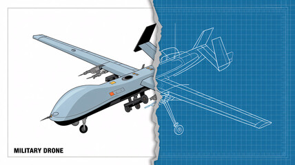 Military drone concept with blueprint background for tech innovation