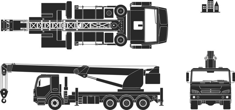 Mobile crane truck silhouette illustrations showing top, side, and front views, construction machinery icons for lifting, engineering, transport, and urban projects
