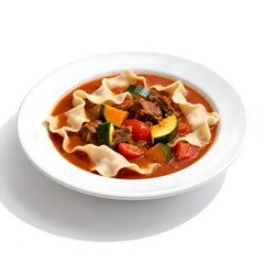 A hearty bowl of pasta with vegetables and meat in a rich tomato sauce