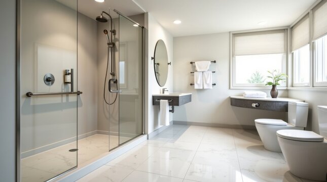 Interior de ba&ntilde;o de hotel accesible que cuenta con una espaciosa ducha sin bordillo con una elegante mampara de vidrio