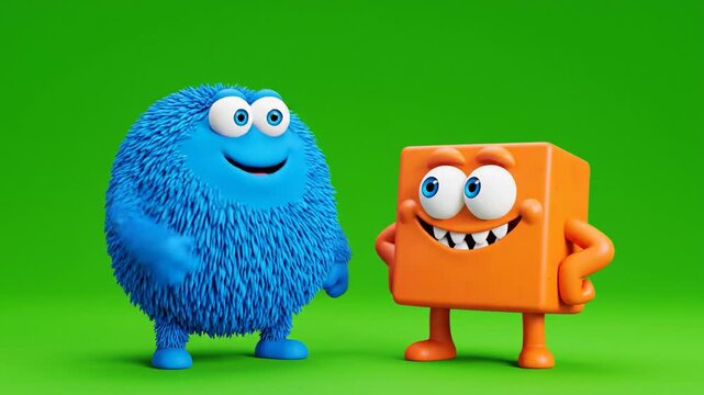 Animated cartoon characters blue fluffy monster and orange cube creature on green background for kids