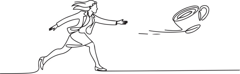 Fototapeta premium Single one line drawing businesswoman run chasing try to catch coffee cup. Concept of thirsty, drink, taking, time, speaking. Business metaphor. one line Icon drawing