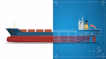 Obraz premium Detailed blueprint of a modern cargo ship with containers on deck