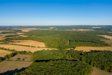 Obraz premium Aerial view shows dense green woodland bordered by golden fields beneath a vivid blue sky in the countryside near Cuncy les Varzy. The layered landscape and crisp sunlight create a sense of space and