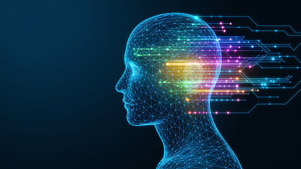 Obraz premium A 3D profile illustration of a human head silhouette featuring a brain with binary code and gears to represent the medical anatomy of mind intelligence and concept art design