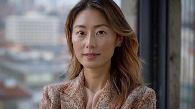 A poised woman, donning a bright patterned blazer, confidently stands against a breathtaking city skyline during daylight, showcasing her self-assurance within an urban landscape scenery