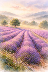 Fototapeta premium Soft watercolor painting of blooming lavender fields at sunrise, with golden light drifting across rolling hills and distant trees.Gentle pastel skies and layered purple rows create a tranquil scenery