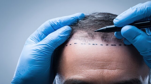 Close-up view of a man's head during a pre-hair transplant procedure with markings on the scalp and gloved hands preparing for treatment
