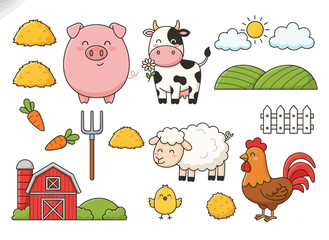 Pig, Cow, Sheep, Chicken, Barn - Cute Illustrations in Rural Setting
