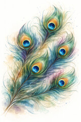 Obraz premium A graceful watercolor illustration of vibrant peacock feathers, blending emerald, teal, and sapphire hues with golden accents. Soft flowing strokes and delicate splashes create an elegant composition