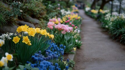 Sunny garden pathway lined with fresh flowers in full bloom, inviting wanderers to stroll through nature's vibrant palette. A playful mix of colors and fragrances create a serene, enchanting