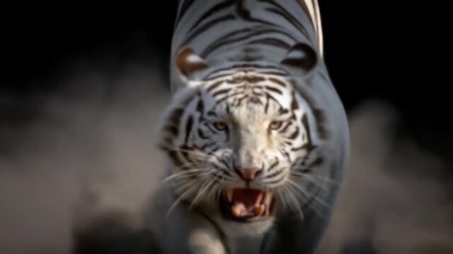 White tiger roars aggressively showcasing its power and predatory nature