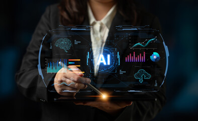 Futuristic AI analytics display realtime dashboards, forecasting and cloud monitoring, helping...