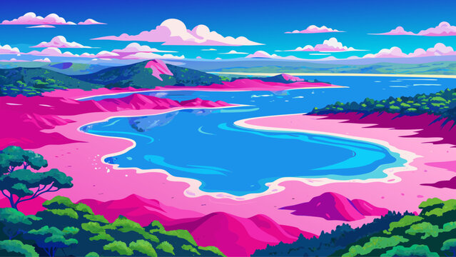Very beautiful bright pink waters of Lake Hillier contrast dramatically with surrounding greenery and deep blue ocean, forming one of Australia's most unusual coastal landscapes.