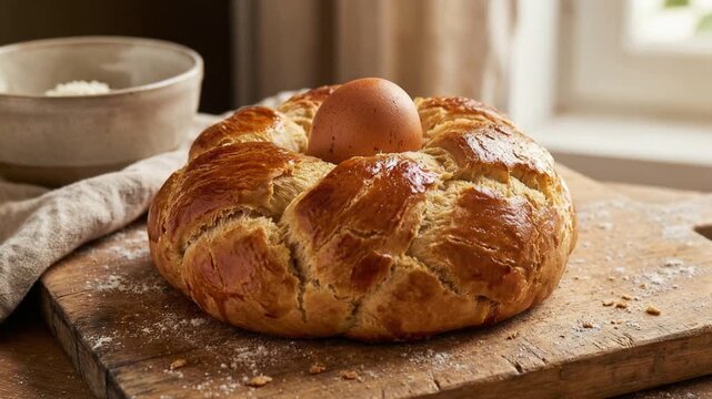 Portuguese Easter Folar with a whole egg baked into the center orbit video