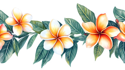 Fototapeta premium Vibrant orange plumeria flowers with lush green leaves, isolated on white background.