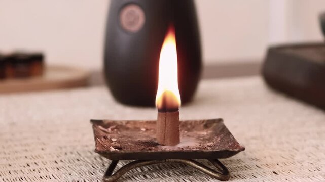 Aroma therapy. Spiritual practice. Tools for meditation yoga activity mental health smoke fire destress oriental calming atmosphere.