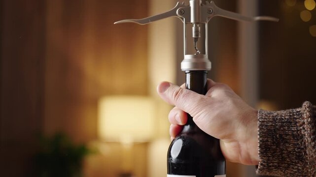 Close-up of hand using corkscrew to open wine bottle in home interior. Concept of alcohol drink preparation and evening relaxation