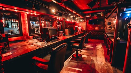Fototapeta premium Interior view of a dimly lit bar with seating, a long counter, and ambient red lighting