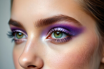 Obraz premium Elegant Woman with Green Eyes and Purple Eye Shadow, Showcasing a Sophisticated Makeup Look with a Focus on Color and Definition in a Studio Setting