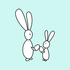 Two cute minimalist Easter bunnies with eggs. Hand drawn vector illustration in simple line art style on light blue background. For spring greeting cards, children's prints and holiday nursery decor.