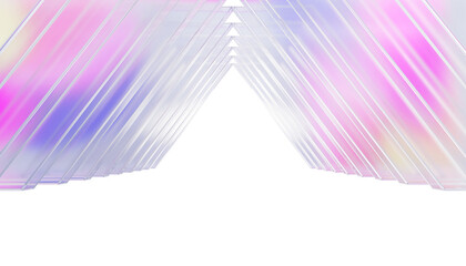 Fototapeta premium 3d glass triangle tunnel perspective with rainbow light effect. Pastel blue pink corridor with transparent walls and white floor. Architecture background, abstract futuristic portal