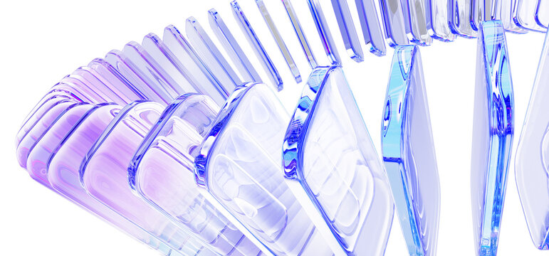 Holographic glass ribbon swirl wave curve line on light purple 3d background. Iridescent transparent rectangle shapes with blue gradient, array effect. Abstract dynamic crystal stream