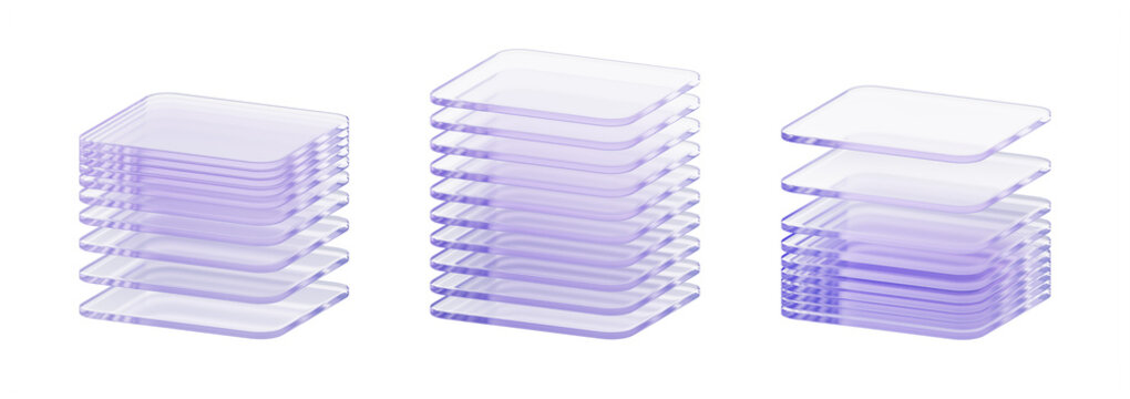 3D stacks of glass square sheets, purple transparent layers effect. Cut cube and rectangle shapes set. Futuristic tech block, data server. Architecture design, infographic elements