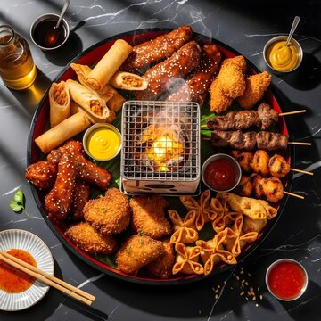 Authentic Pu Pu Platter appetizer assortment with egg rolls, spare ribs, teriyaki beef, crab Rangoon, and fried shrimp surrounding a lit hibachi grill. Vibrant American tiki bar cuisine.