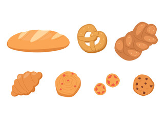 Bakery food handdrawn illustrations set. Bread loaf, baguette, French croissant, brioche bun, cookies, pretzel with seed