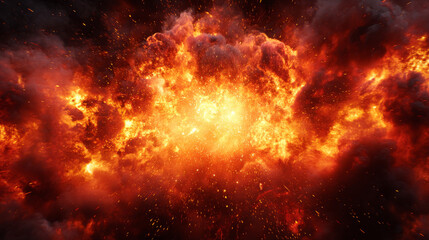 Fototapeta premium Dramatic glowing fire and smoke explosion with red and yellow flames radiating outward, abstract blazing background with central copy space