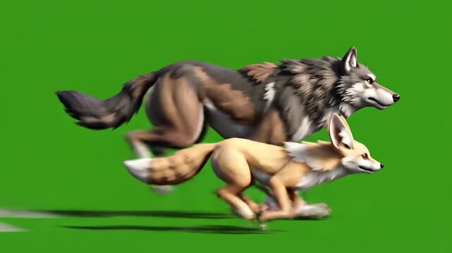 Cartoon fennec fox and wolf running on green screen animal animation wildlife isolated fast pace