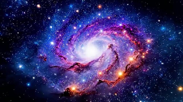 Macro shot of beautiful blue human eye with infinite purple galaxy and distant stars reflected in pupil representing imagination and connection with universe Concept of deep inner vision soul