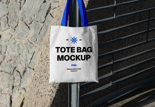 Tote Bag Hanging on Metal Fence Mockup