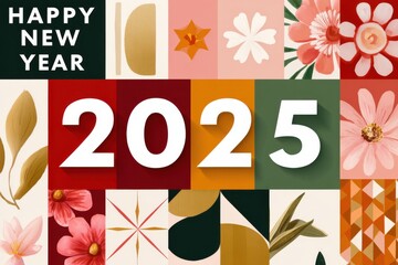Fototapeta premium Vibrant 2025 celebration with bold typography over a colorful floral and fruit collage artwork