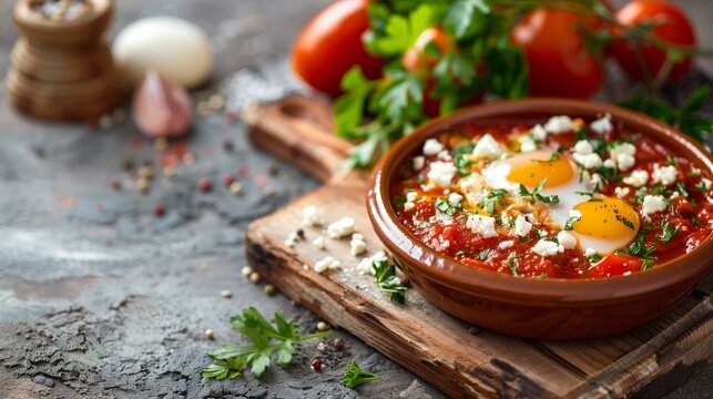 Traditional north african dish shakshouka made of eggs poached in a sauce of tomatoes, olive oil, bell peppers, onion and garlic, spiced with cumin, paprika and cayenne pepper