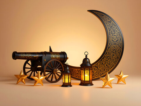 Ramadan Announcement Background with Islamic Crescent Moon, Lanterns, and Traditional Cannon Decoration