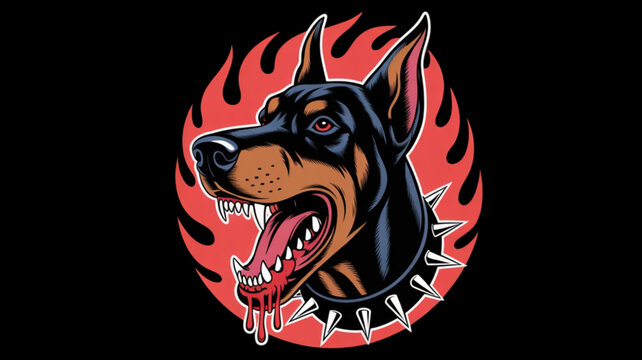 Angry Doberman Dog Fierce Expression Closeup isolated on black background.