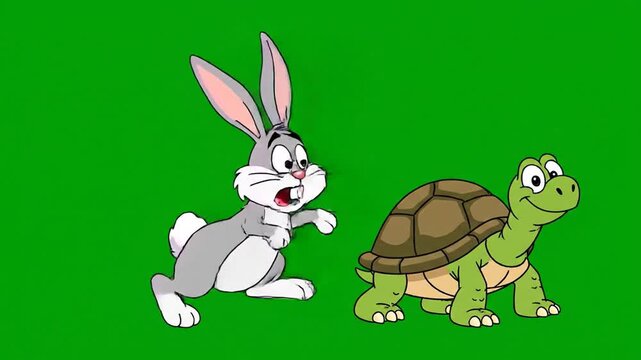 Cartoon hare racing a turtle illustration animated on green screen for video projects and children animated stories