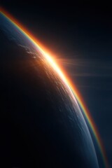 Fototapeta premium Rainbow arc over the planet at sunrise, glowing edge of Earth, cosmic beauty and hope