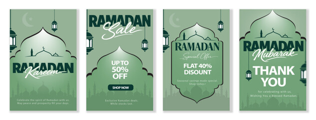 Ramadan Kareem greeting and promotional sale poster set with mosque and lantern design © AFRAN STUDIO