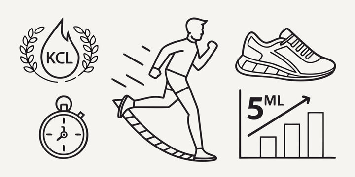 Running and fitness icons stopwatch, runner, shoe, KCL logo, and bar chart for athletic performance