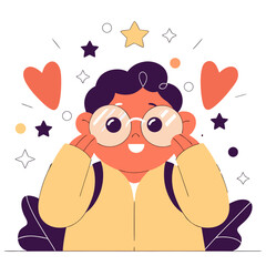 Fototapeta premium Cute chibi boy with a tiny backpack and oversized glasses, surrounded by doodle-style hearts and stars, joyful expression, vivid vector art, clean white sticker border. 