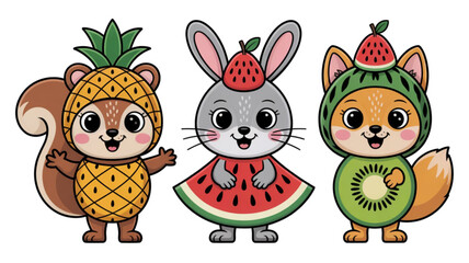 Naklejka premium Cartoon animals in fruit costumes isolated on transparent background.