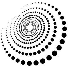 A dynamic, abstract design composed of concentric circles formed by small, solid black dots against a stark white background. The circles increase in diameter from the center outwards, creating a sens © RAHIM